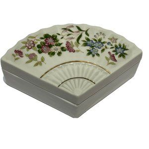 Vintage Fan Shape Trinket Ring Jewelry Box Ceramic Porcelain Japan
